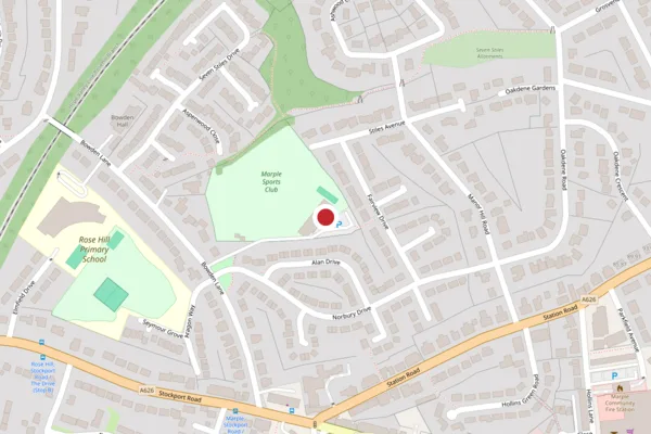 Map showing Marple Sports Club off Bowden Lane in Marple, with the car park marked